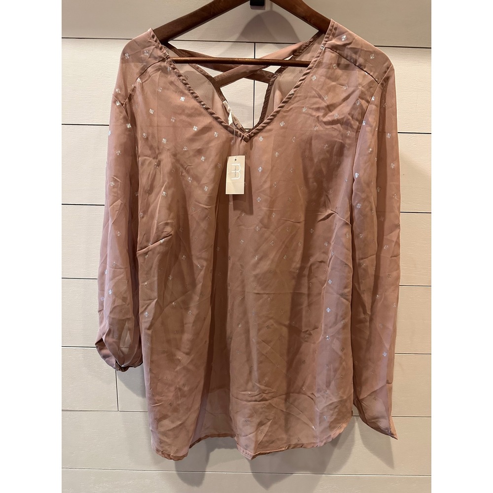 Maurices Mauve Silver Metallic Foil Dot V-Neck Roll Tab Blouse NWT Size 0